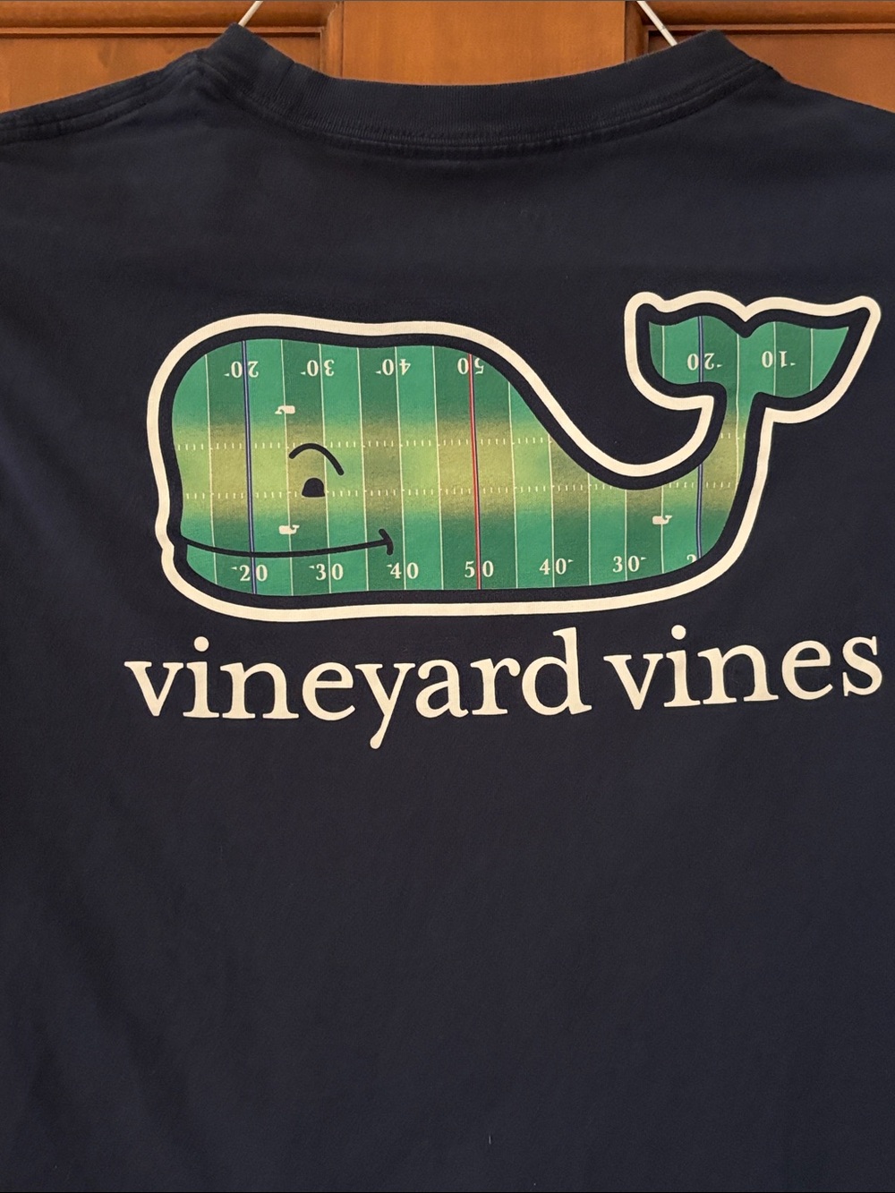 Vineyard Vines Navy Long Sleeve Tee with Green Football Field Whale